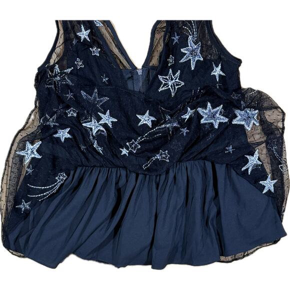 NWT Express Celestial Embroidered Silver Star Mesh Peplum Top Black V- Neck 10 - Picture 6 of 8